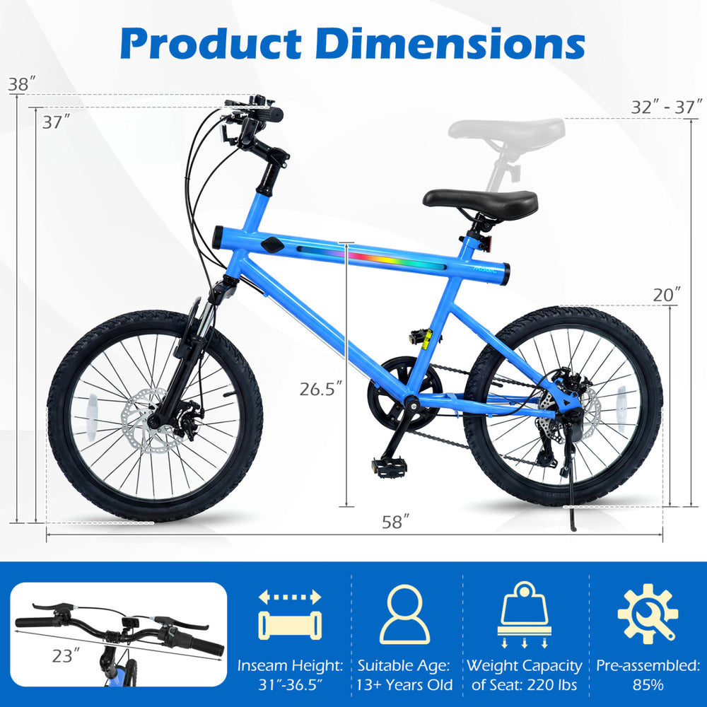 20-inch blue mountain bike with Shimano 6-speed shifting, LED lights, and stereo speakers, ideal for confident rides.