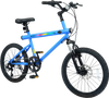 20-inch blue mountain bike with 6-speed Shimano shifting, front suspension, and built-in stereo speakers for enjoyable.