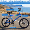 20-inch blue mountain bike with dual disc brakes, non-slip pedals, and built-in stereo speakers for versatile rides.