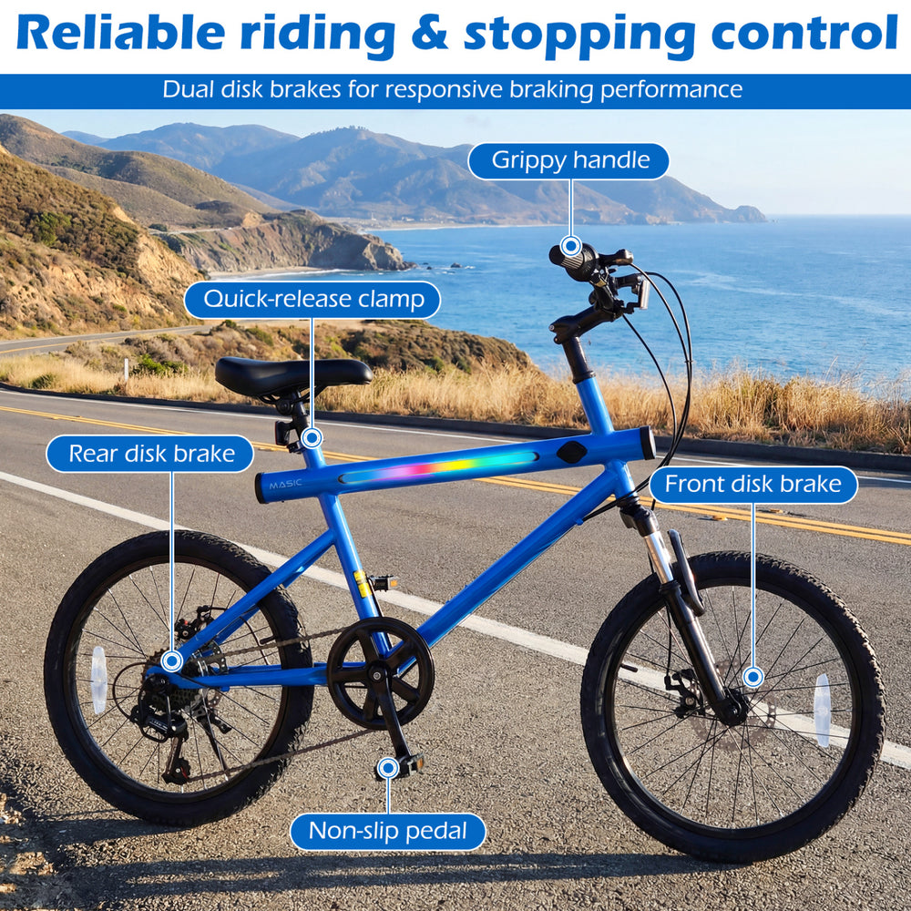20-inch blue mountain bike with dual disc brakes, non-slip pedals, and built-in stereo speakers for versatile rides.