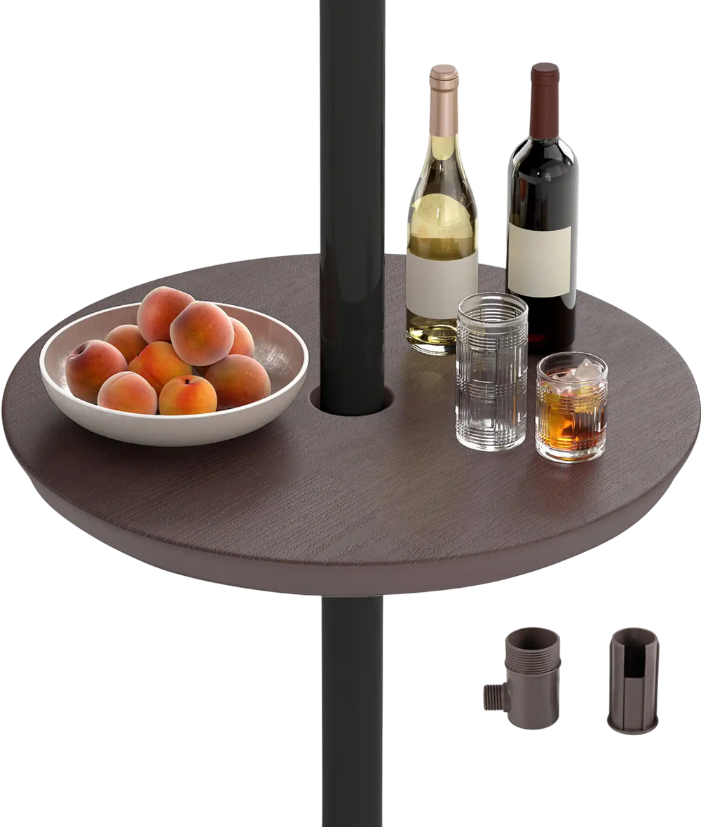 20-inch outdoor adjustable umbrella table in coffee color, featuring a realistic wood grain design for patio use.