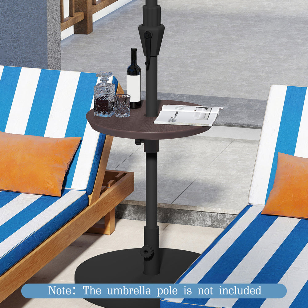 Adjustable 20-inch outdoor umbrella table in coffee color, designed for patio use, with realistic wood grain finish.