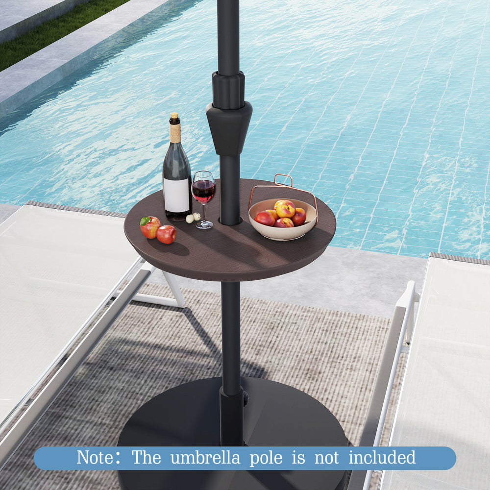 Adjustable 20-inch outdoor umbrella table in coffee color, featuring realistic wood grain for patio or poolside use.