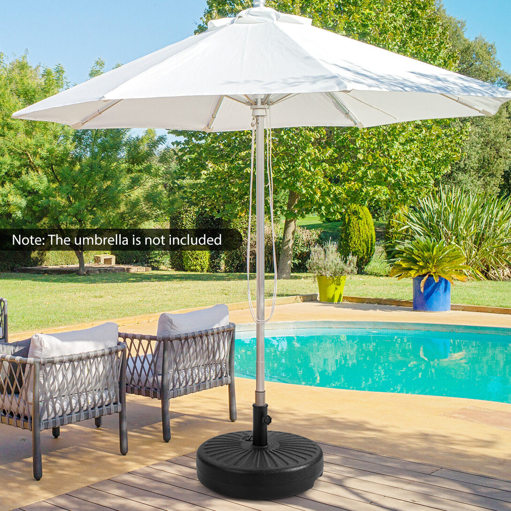 Heavy-duty 20-inch round umbrella base stand with a fillable reservoir for stability, suitable for patio umbrellas.