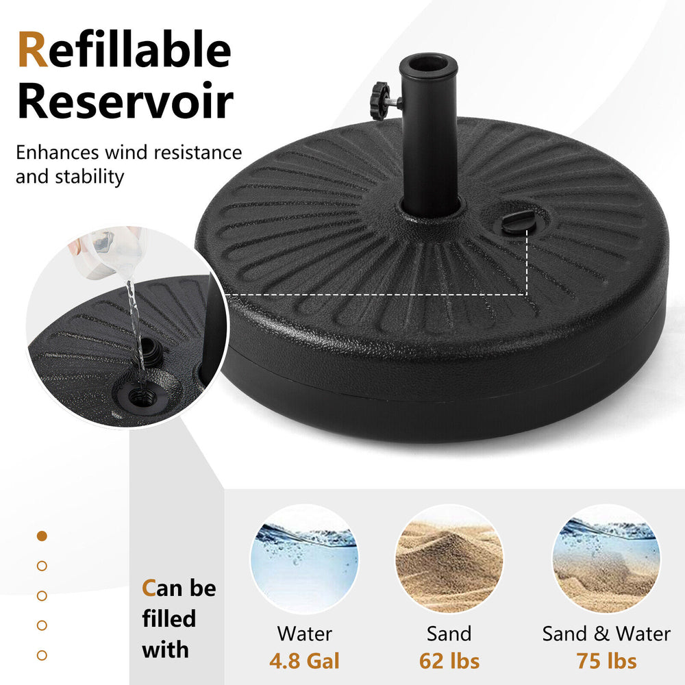 Heavy-duty 20-inch round umbrella base stand with refillable reservoir for sand or water, designed for stability.