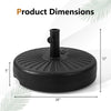 Heavy-duty 20-inch round umbrella base stand, fillable with sand or water, designed for stability in outdoor settings.