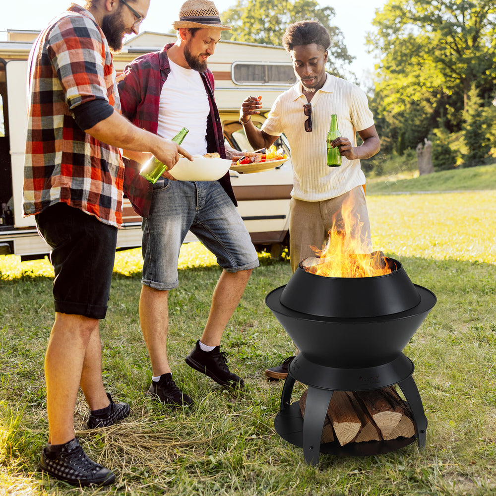 Black 20-inch patio fire pit with pot holder, used for camping and BBQ, featuring efficient air circulation and sturdy.