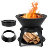 20-inch black patio fire pit with pot holder, storage shelf, and efficient air circulation for camping and BBQ use.