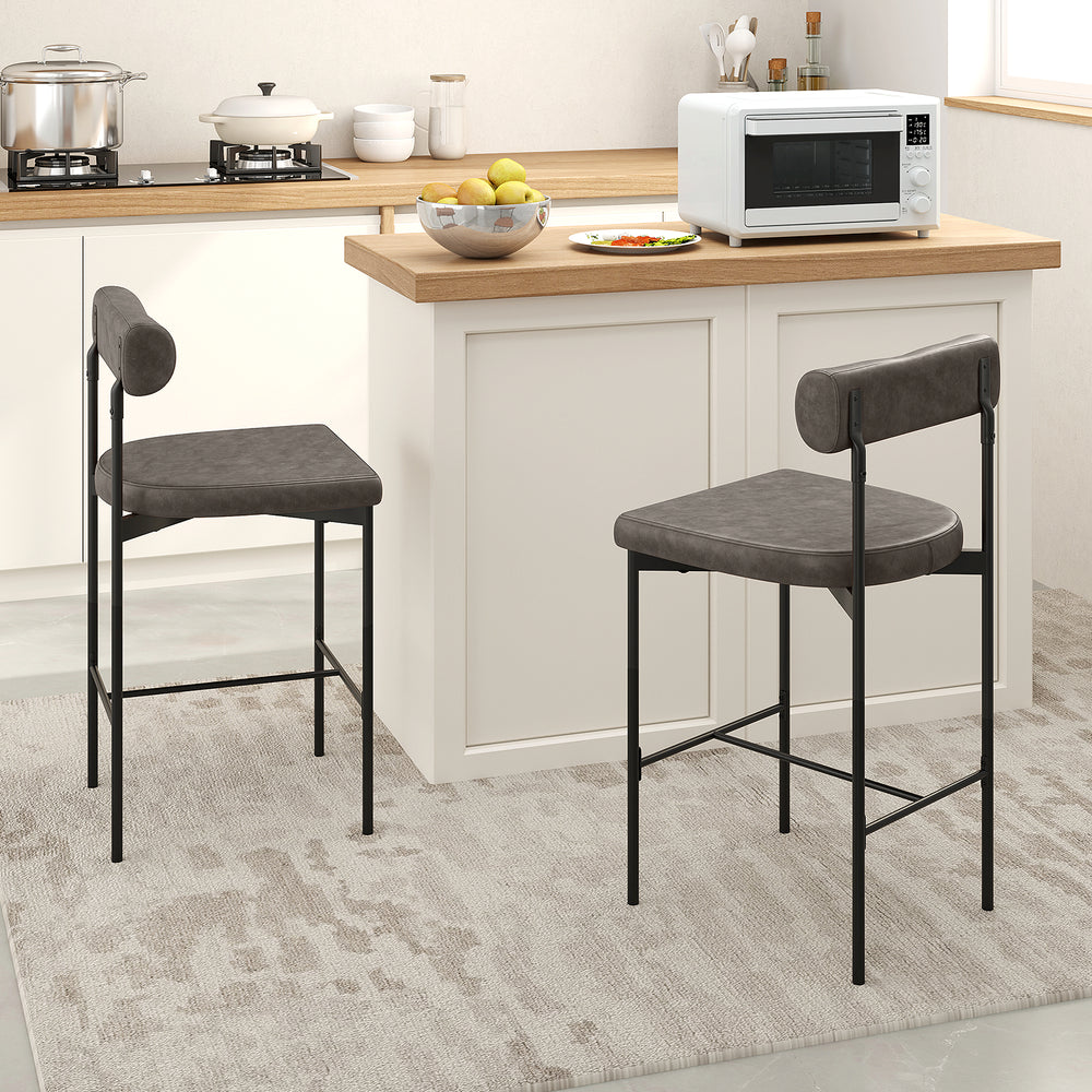 Set of 2 gray upholstered bar stools with backrest and footrest, perfect for kitchen or dining room use.