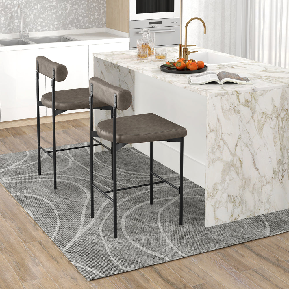Set of 2 gray upholstered bar stools with backrest and footrest, ideal for kitchen or dining room use.