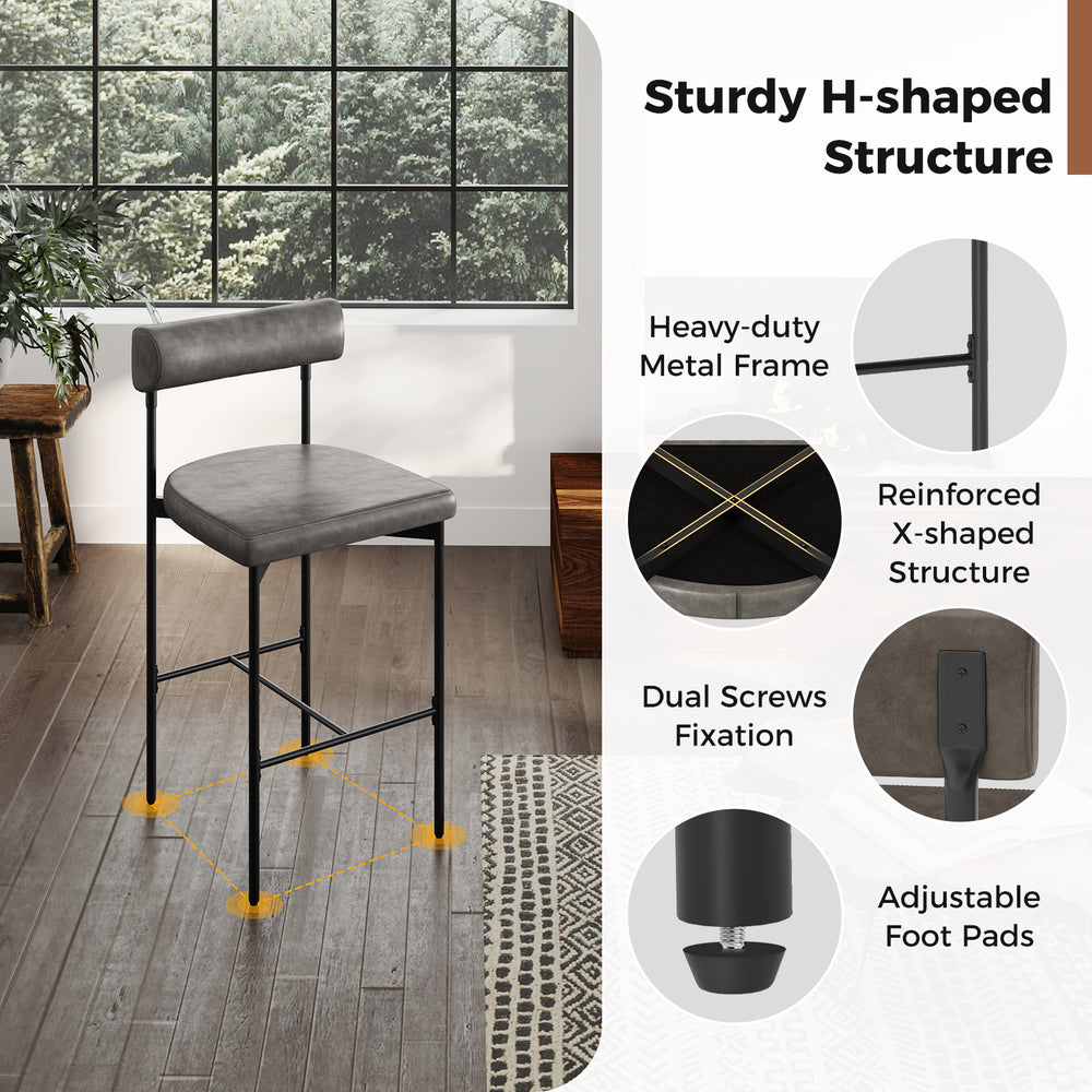 26-inch gray upholstered bar stool with backrest, featuring a heavy-duty metal frame and adjustable foot pads for.