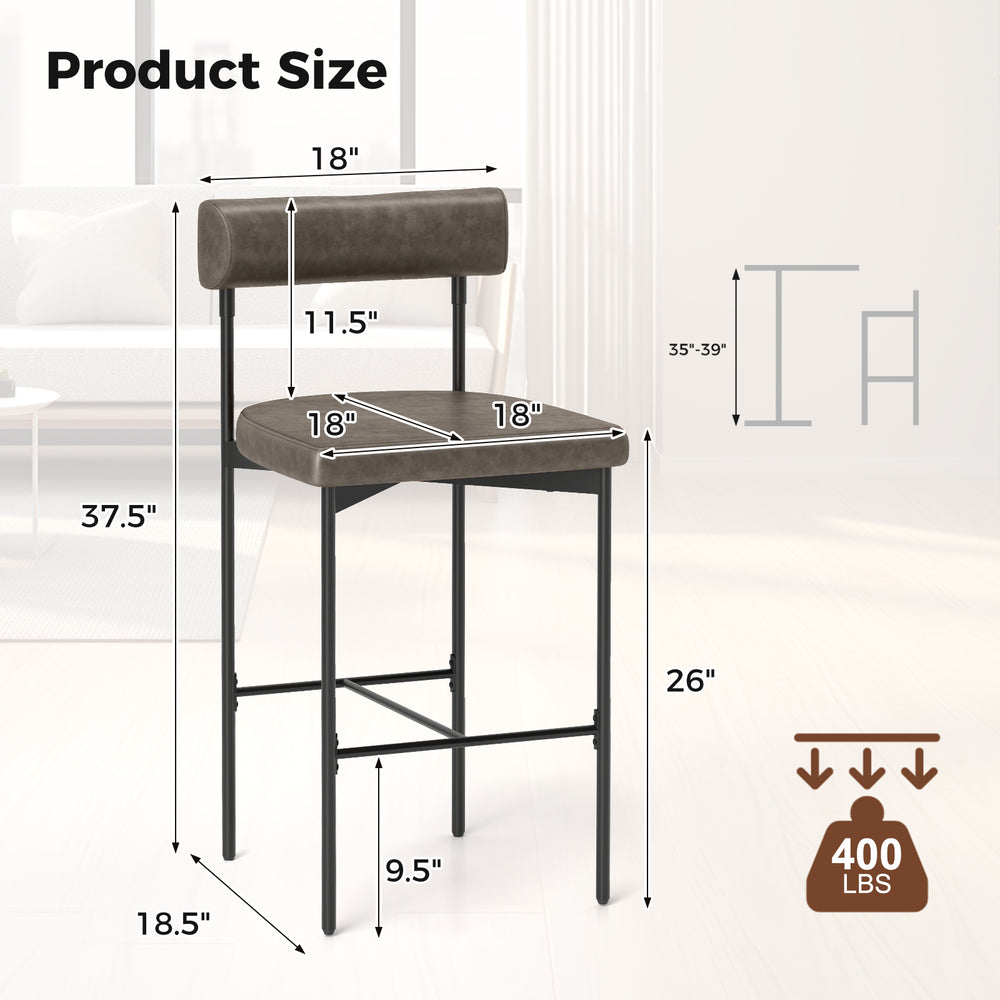 Gray upholstered bar stool with backrest, 26 inches high, featuring a sturdy metal frame and adjustable foot pads for.