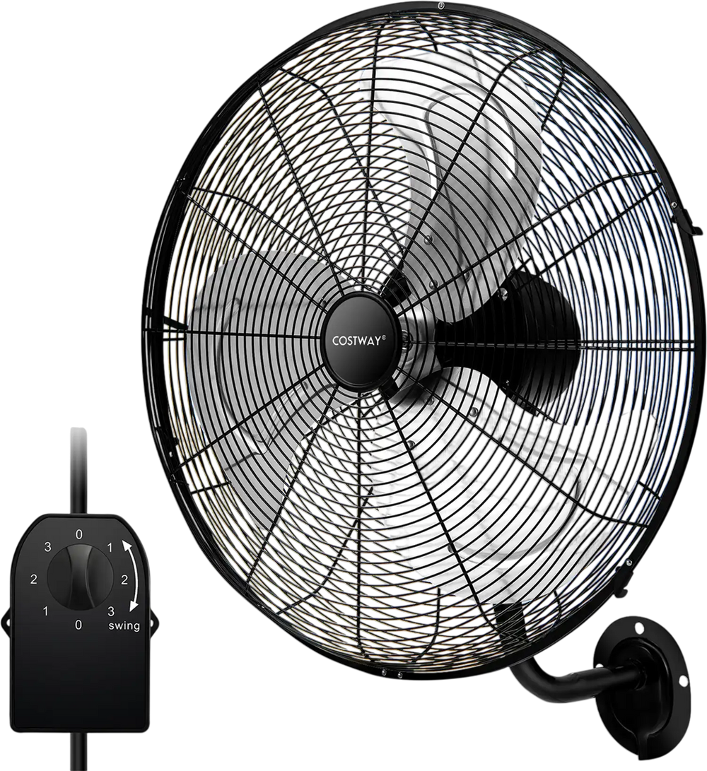 20-inch black wall mount fan with 3 speeds, adjustable tilt head, and wide oscillation for efficient air circulation.