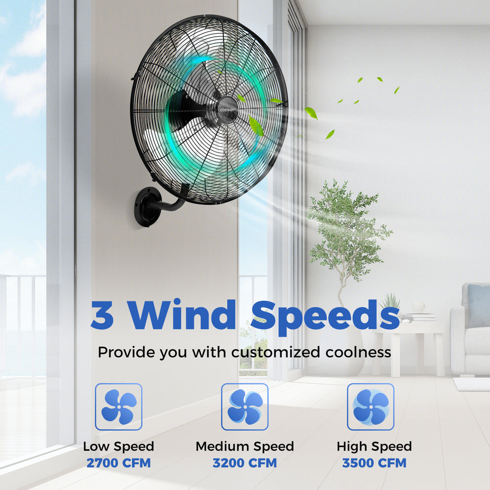 20-inch black wall mount fan with 3 speeds, adjustable tilt head, and wide oscillation for improved air circulation.