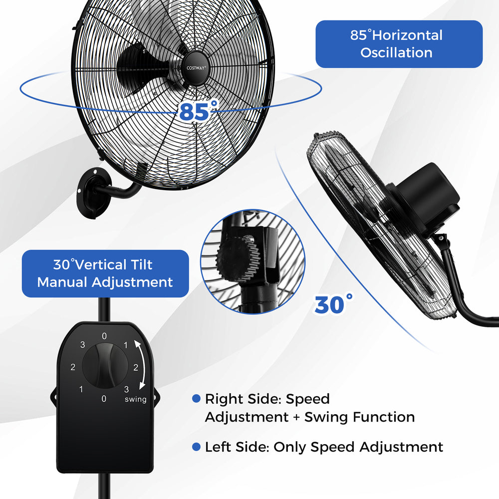 20-inch wall mount fan with adjustable tilt head, 3 speeds, and wide oscillation for efficient air circulation.