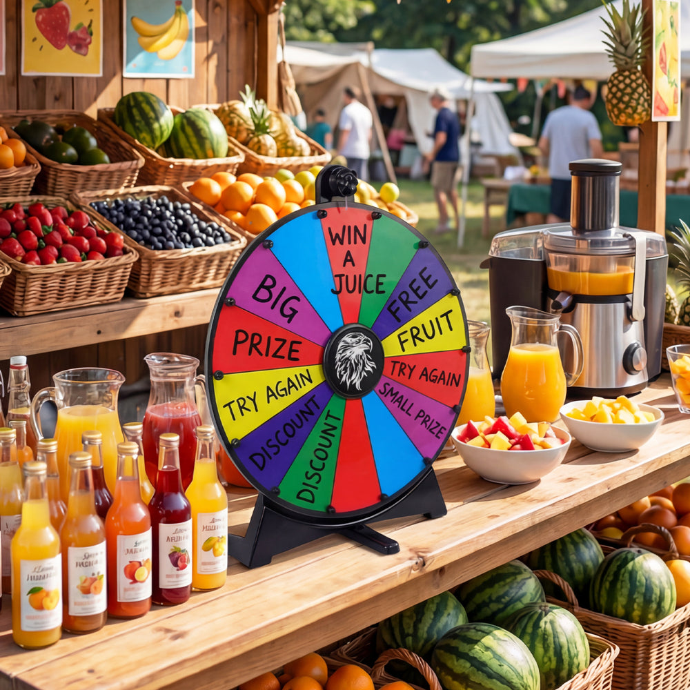 Multicolor 20-inch spin wheel with prizes, displayed at an outdoor event for games and promotions.