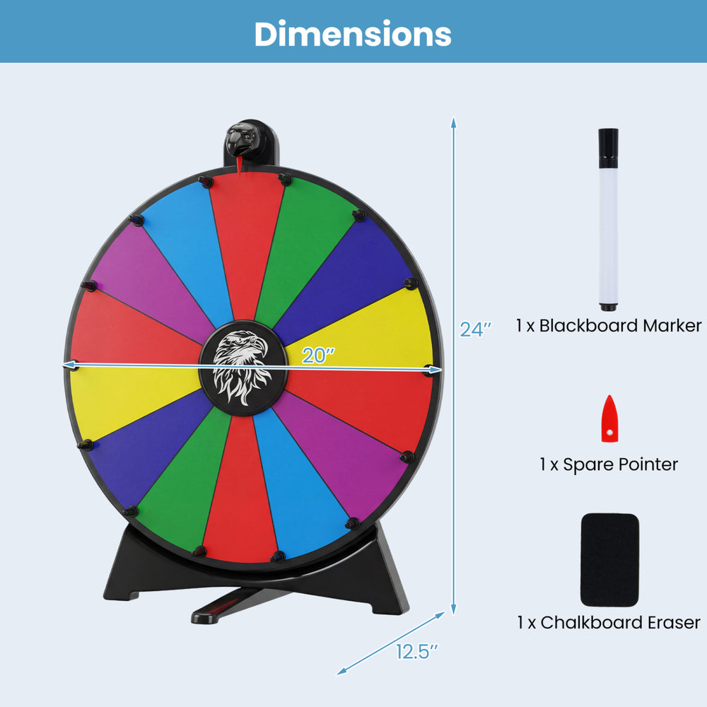 Multicolor 20-inch spin wheel with 14 slots, blackboard marker, and spare pointer for games and events.