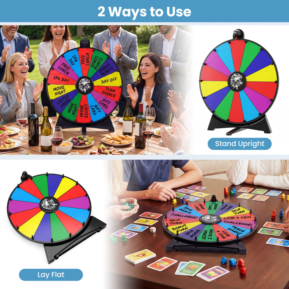 20-inch multicolor spin wheel shown upright and flat, ideal for party games, events, and classroom activities.