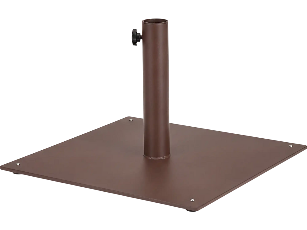 20-inch brown patio umbrella base stand made of powder-coated steel with adjustable footpads for stability on uneven.