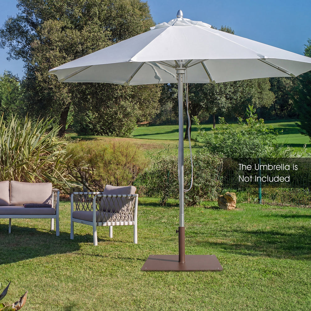 Patio umbrella base stand in brown with adjustable footpads, designed for stability on uneven ground in outdoor.