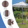 Patio umbrella base stand with adjustable footpads, brown powder-coated steel, designed for stability on uneven ground.