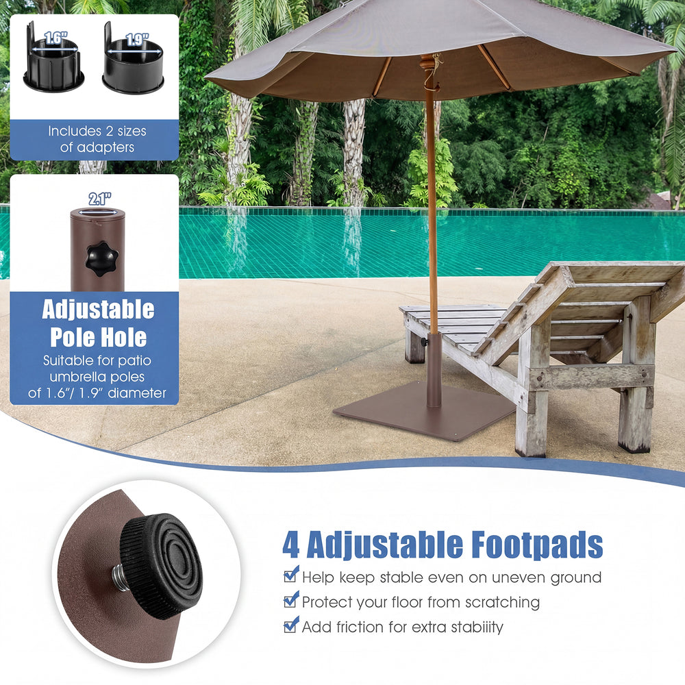 20-inch brown patio umbrella base stand with adjustable footpads for stability on uneven ground, suitable for 1.6"/1.9".