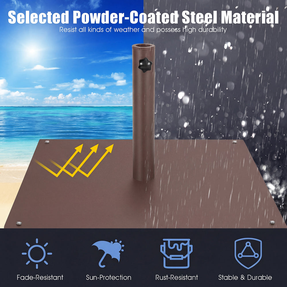20-inch brown patio umbrella base stand made of powder-coated steel, featuring adjustable footpads for stability.