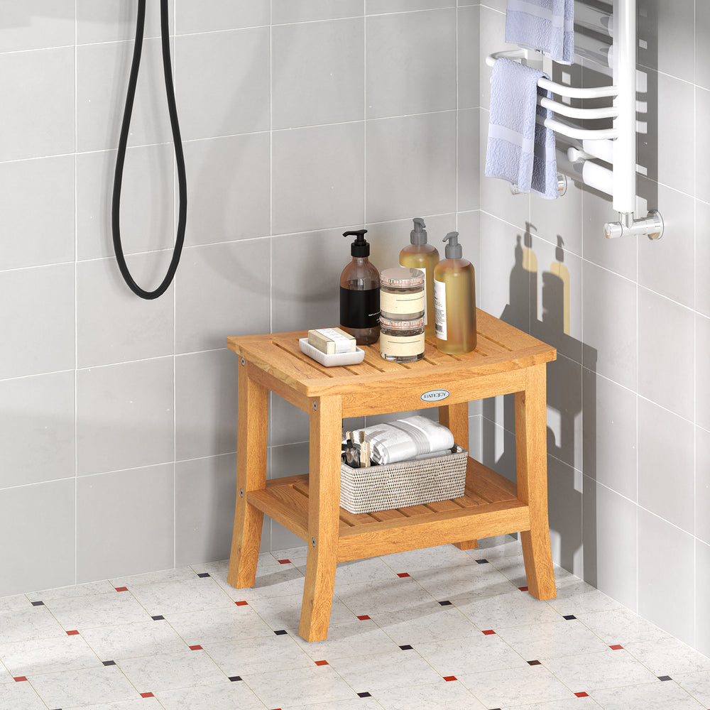 Non-slip shower bench with curved top, solid teak construction, and 2-tier storage for towels and supplies.