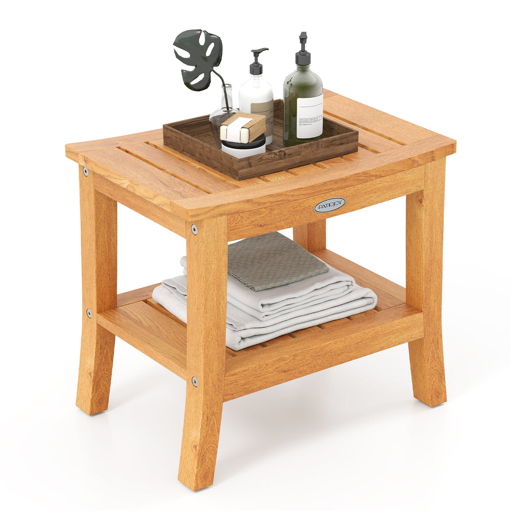 20-inch non-slip shower bench with curved top, solid teak construction, and storage shelf for towels and supplies.