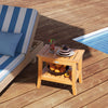 Curved top teak shower bench with two storage tiers, anti-slip feet, perfect for bathroom or outdoor use.