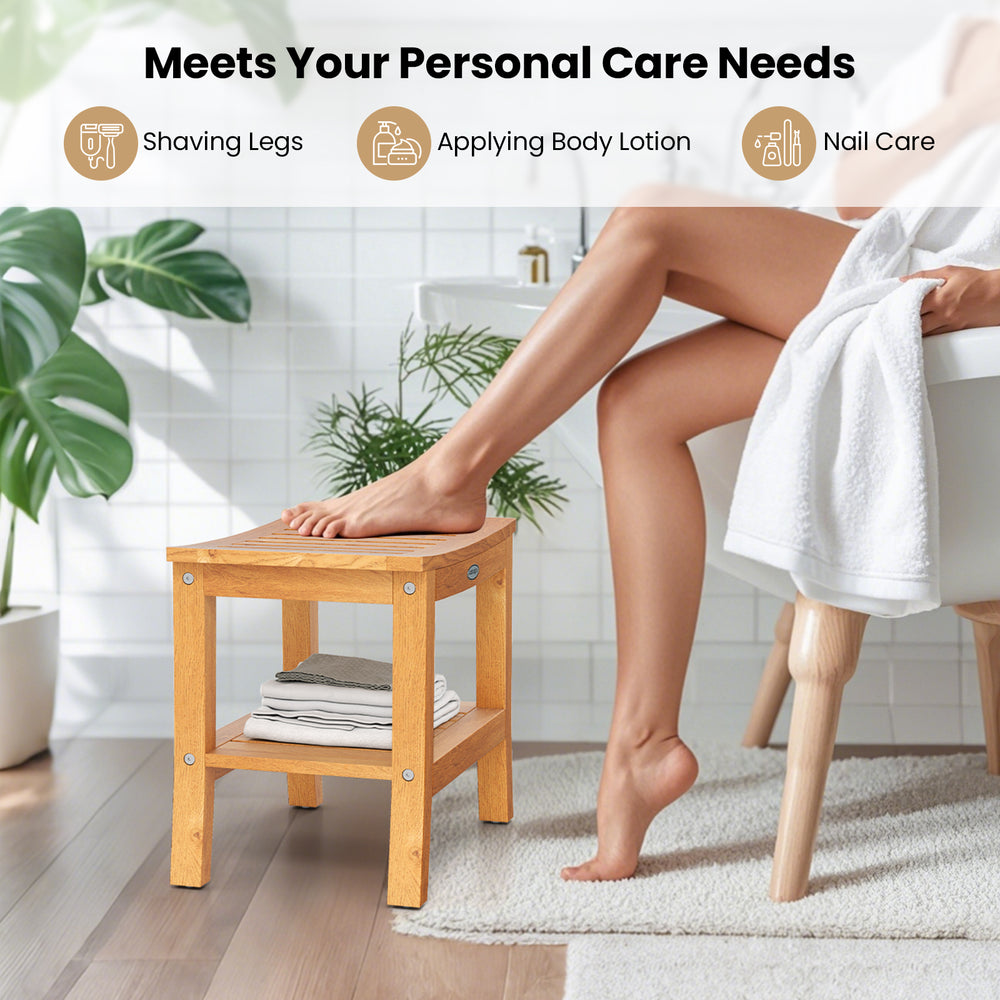 20-inch non-slip shower bench with curved top, solid teak construction, and storage shelf for personal care needs.