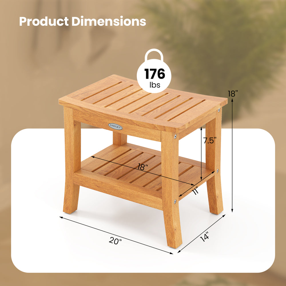 20-inch teak shower bench with curved top, featuring a storage shelf and slatted design for effective water drainage.