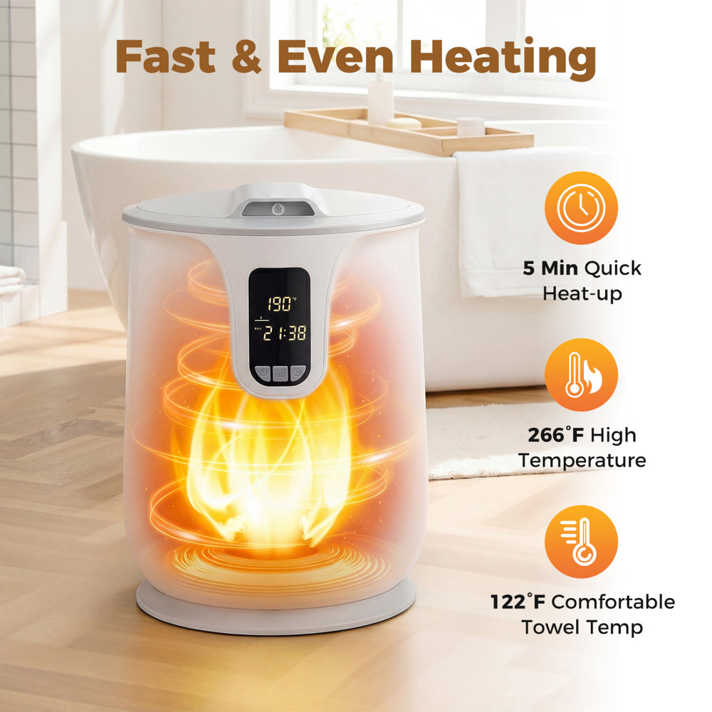 20 L towel warmer in white with digital display, reaching 266°F in 5 minutes for cozy, warm towels in the bathroom.