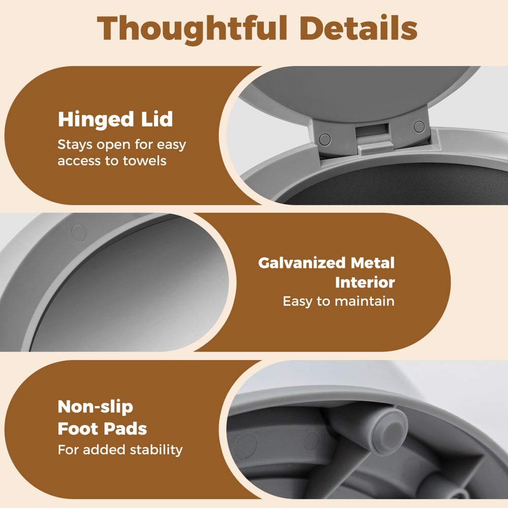 Close-up of the hinged lid of a 20 L towel warmer with galvanized metal interior for easy maintenance and stability.