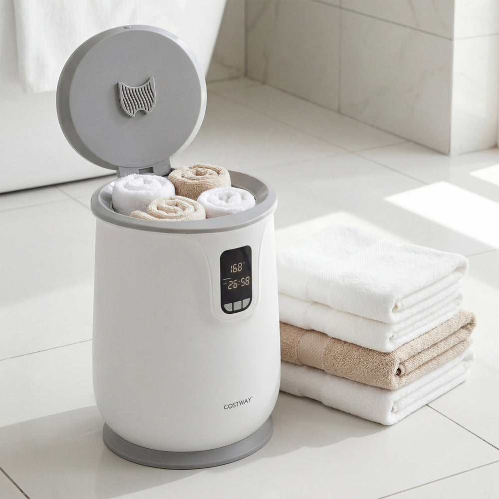 20 L large towel warmer in white with 3 heat levels, holding rolled towels, ideal for bathroom use.