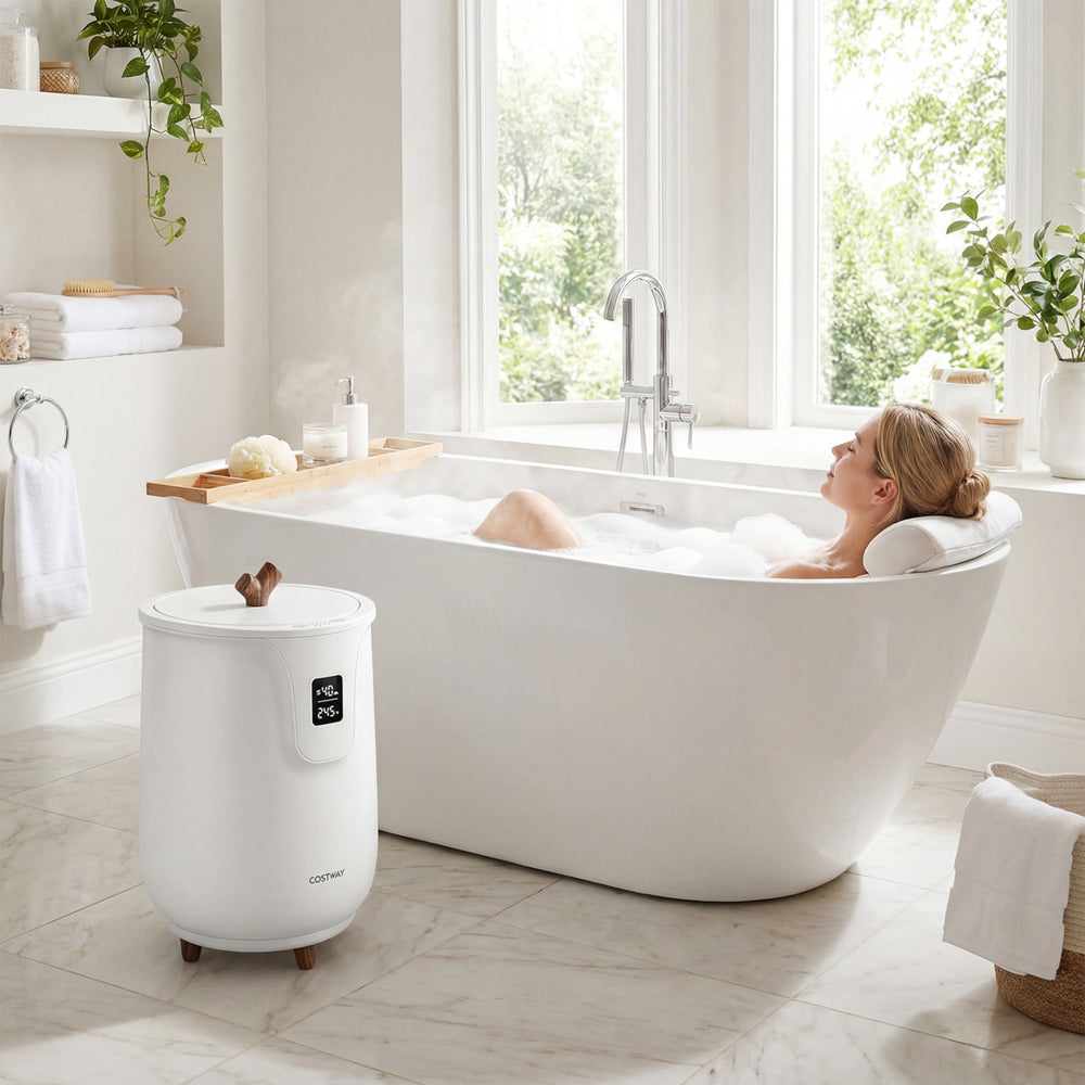 Large white towel warmer with LCD display, holding towels, ideal for bathroom comfort and relaxation.