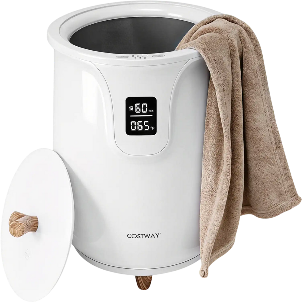 Large white towel warmer with a lid and towel, featuring an LCD display and three heat levels for personalized comfort.