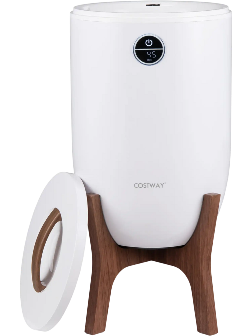 Towel warmer bucket with stand, featuring a digital temperature display and smart timer for convenient, cozy towel heating.