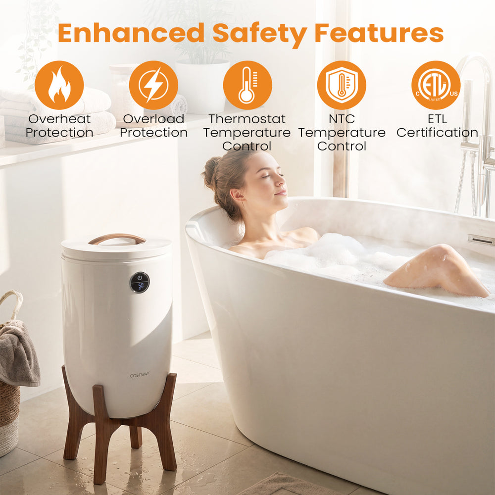 20 L towel warmer bucket with stand, reaching 266°F in 5 minutes, ideal for bath towels and featuring enhanced safety controls.