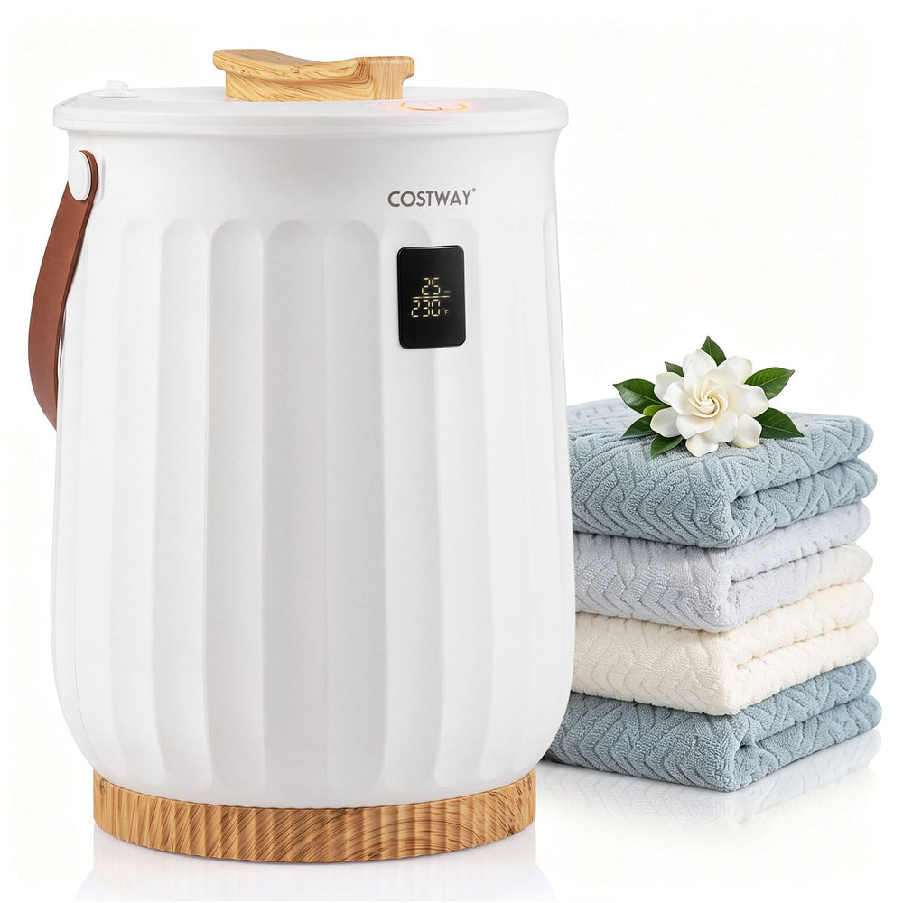 20 L towel warmer in white with LED display, timer, and child safety lock, perfect for cozy towels and bathrobes.
