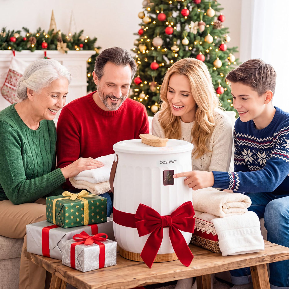 Family enjoying a 20 L white towel warmer with LED display and timer, perfect for cozy towels and bathrobes.