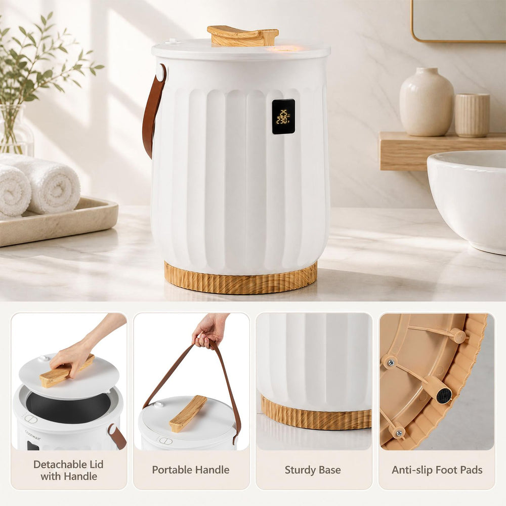 20 L towel warmer in white with detachable lid, portable handle, and anti-slip foot pads for safe bathroom use.