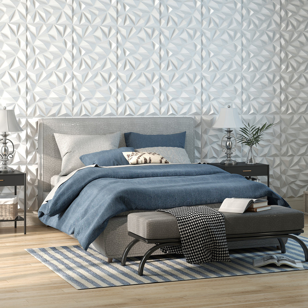3D wall panels with decorative diamond patterns in white, made from premium PVC, ideal for creative DIY decor.