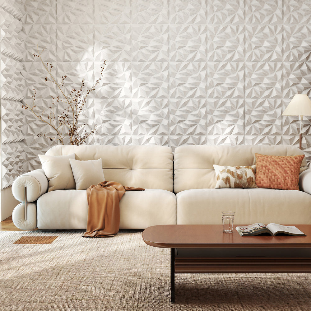 3D wall panels with decorative diamond patterns in white, made from premium PVC for easy installation and maintenance.