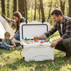 20 Quart Portable Hard Cooler with built-in ruler, shown open with drinks, ideal for camping and outdoor adventures.