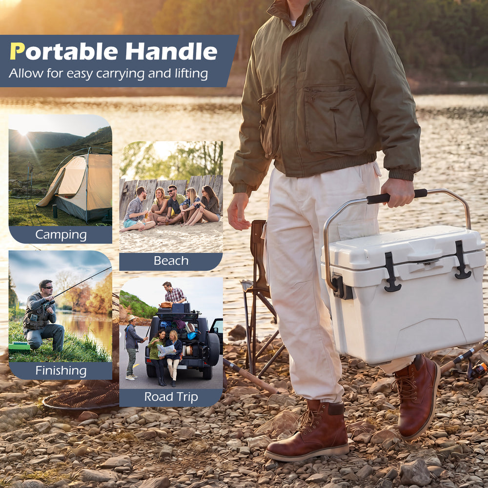 20 Quart Portable Hard Cooler with built-in ruler, portable handle, ideal for camping, beach, and road trips.