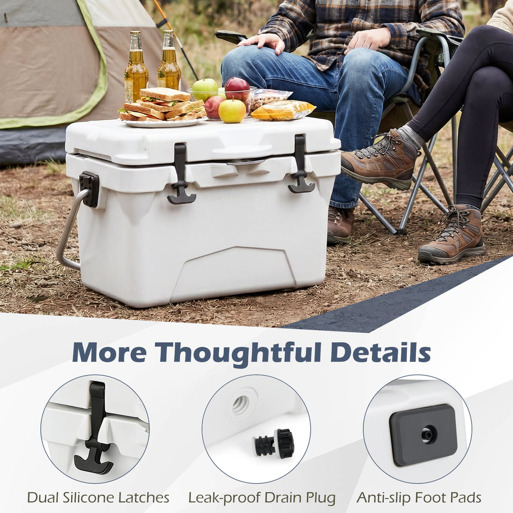 20 Quart Portable Hard Cooler with dual latches, built-in ruler, and anti-slip foot pads for outdoor adventures.