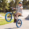 20" trick bicycle in navy with 360° steering, adjustable seat, and puncture-proof tires for kids and teens.