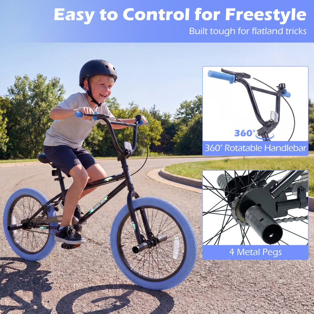 20" trick bicycle with 360° handlebar, adjustable seat, and 4 metal pegs for kids' freestyle riding.