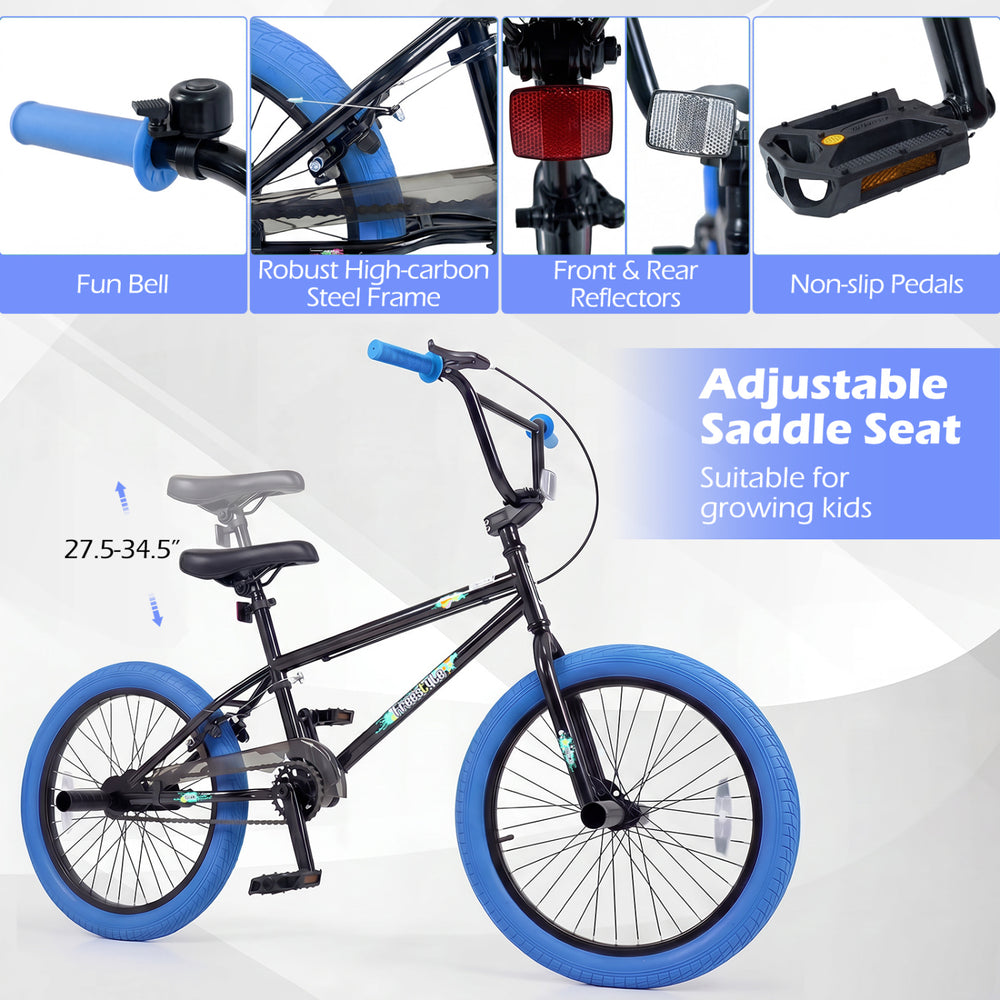 20" trick bicycle with adjustable saddle seat, 360° steering, and non-slip pedals, perfect for kids and teens.